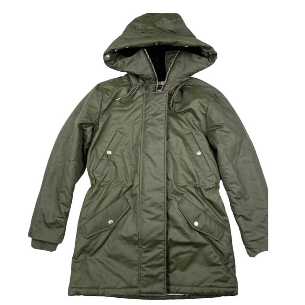 J.Crew Perfect Winter Parka Waxed Canvas PrimaLoft Olive Green Petite Medium